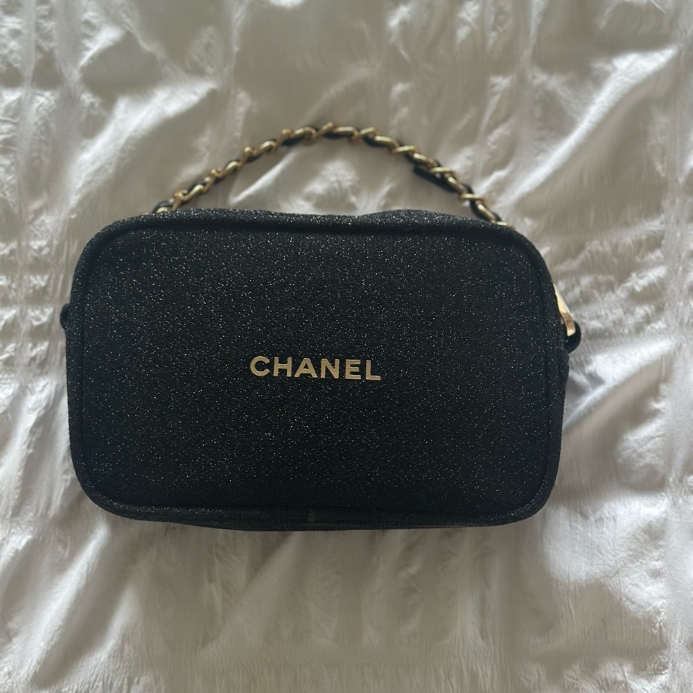 Chanel Glittery Black Makeup Pouch/ Bag with Gold Accents